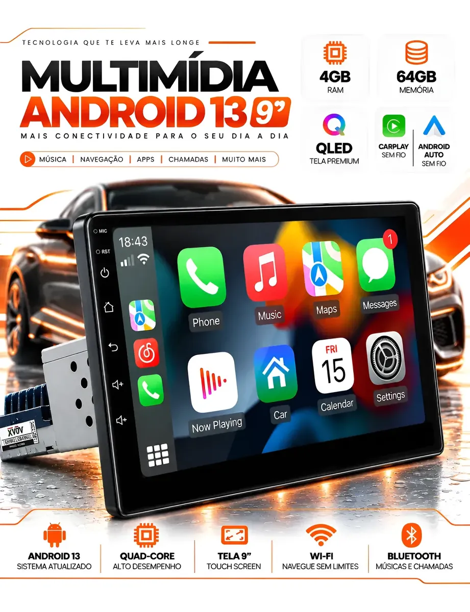 Multimídia universal 9 polegadas android 13 wifi carplay